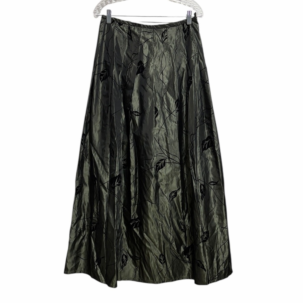 Drama 90s Olive Green Shimmer Maxi Skirt Size 6 Black Flocked Formal